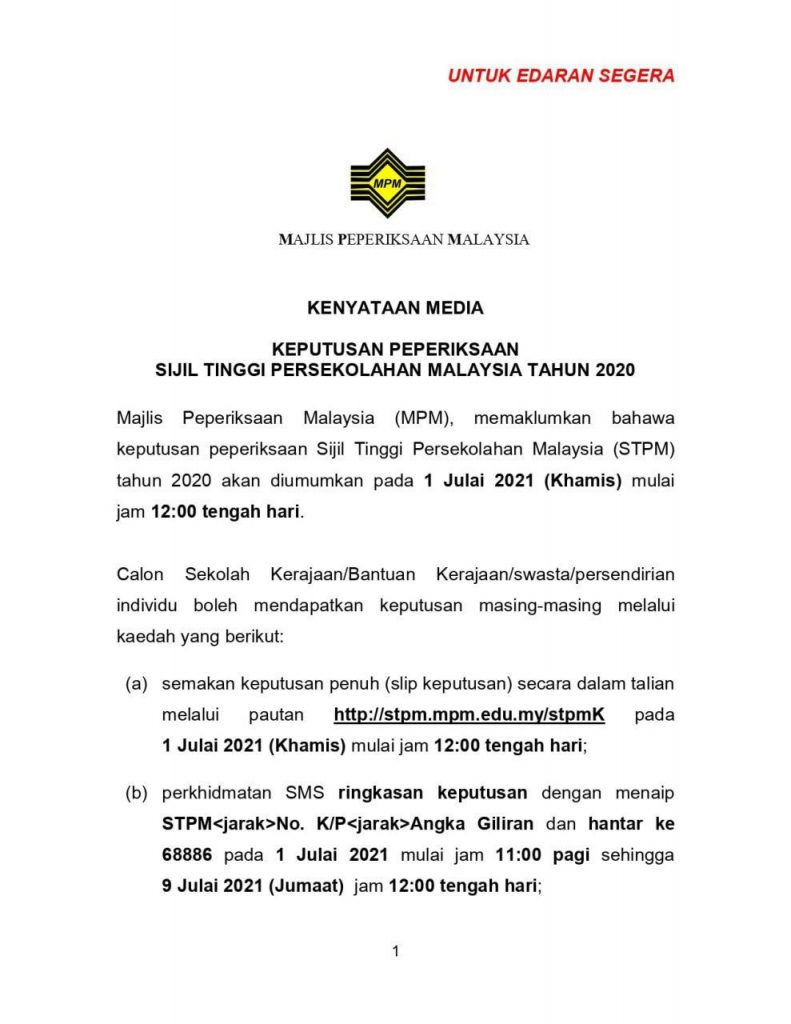 Keputusan sem 3 stpm 2020